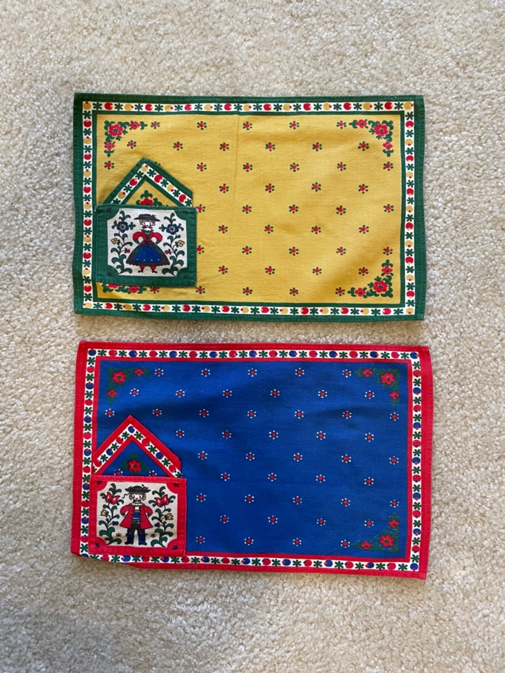 Folk Art Cotton Placemats Set - Yellow & Blue